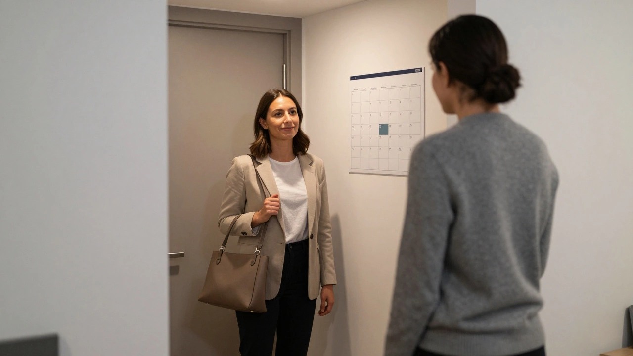 A professional escort greeting a client calmly in a well-lit private apartment.