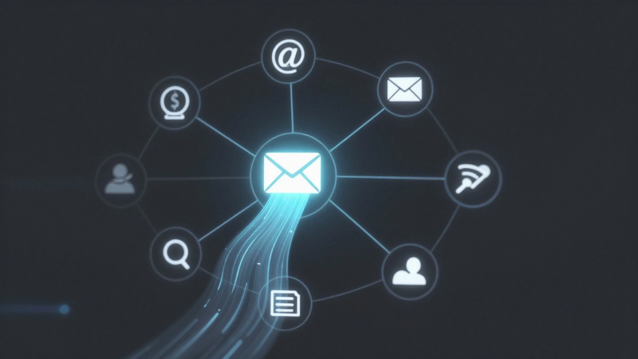 Digital network of service icons connected by a glowing new email address.
