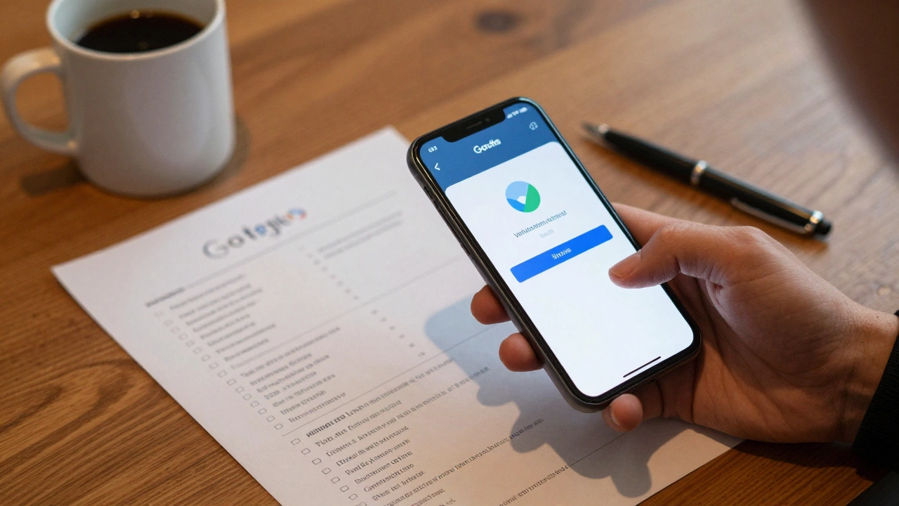 Hand holding phone with verification code beside a printed email change checklist.